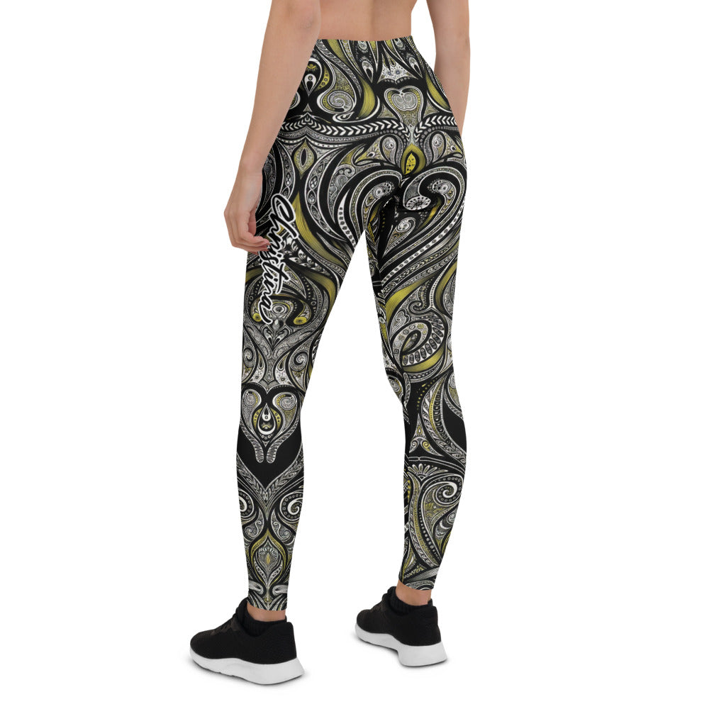 Personalisierte Damen Sportleggings Ornament Muster Schwarz Gelb Fitness Yoga Leggings I944
