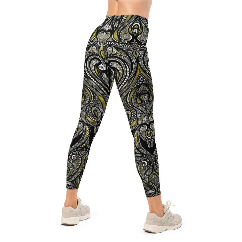 Personalisierte Damen Sportleggings Ornament Muster Schwarz Gelb Fitness Yoga Leggings I944