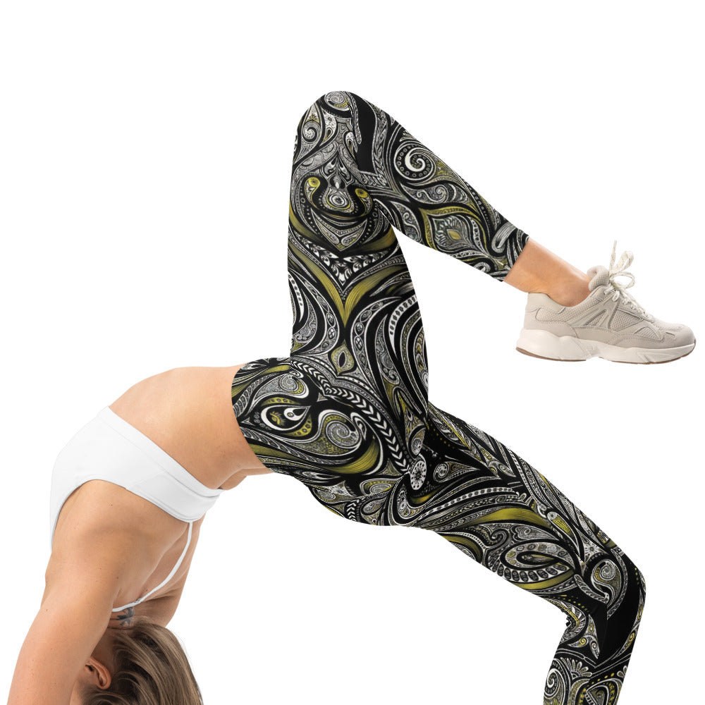 Personalisierte Damen Sportleggings Ornament Muster Schwarz Gelb Fitness Yoga Leggings I944