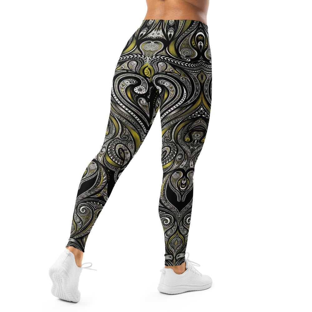Personalisierte Damen Sportleggings Ornament Muster Schwarz Gelb Fitness Yoga Leggings I944