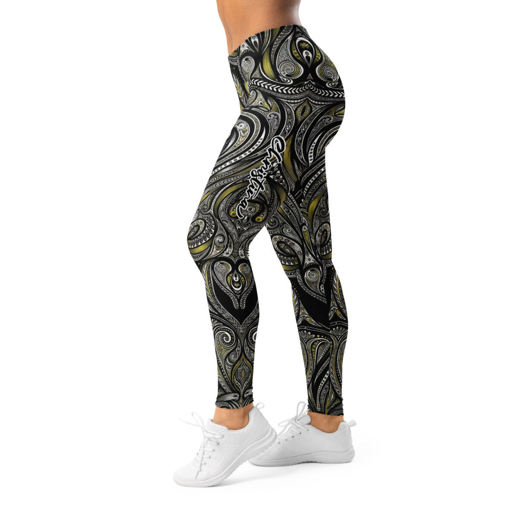 Personalisierte Damen Sportleggings Ornament Muster Schwarz Gelb Fitness Yoga Leggings I944