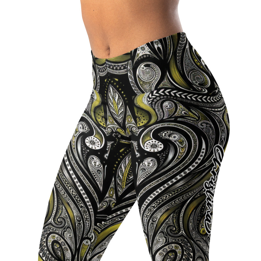 Personalisierte Damen Sportleggings Ornament Muster Schwarz Gelb Fitness Yoga Leggings I944