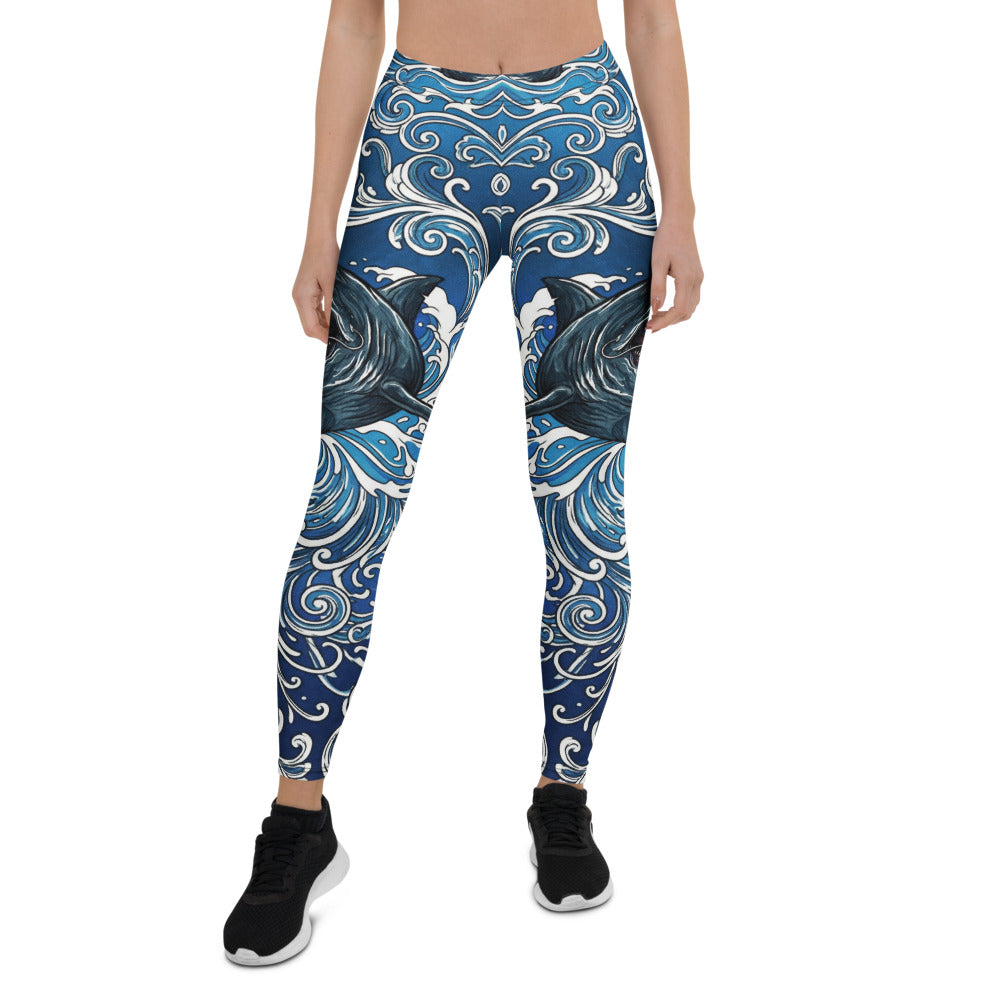 Personalisierte Sportleggings Damen Hai Motiv Blau Weiß Wellen Fitness Yoga Leggings Z903