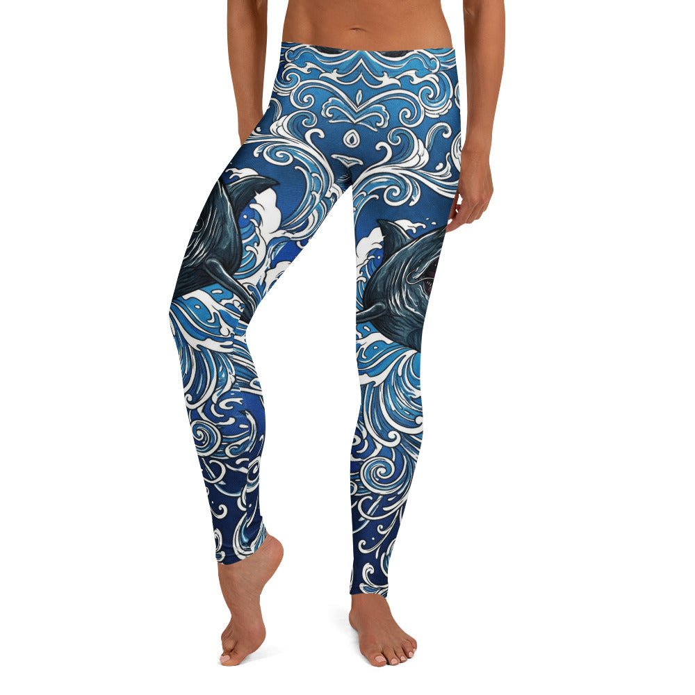 Personalisierte Sportleggings Damen Hai Motiv Blau Weiß Wellen Fitness Yoga Leggings Z903