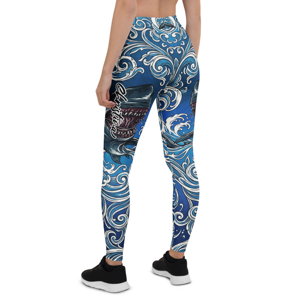 Personalisierte Sportleggings Damen Hai Motiv Blau Weiß Wellen Fitness Yoga Leggings Z903