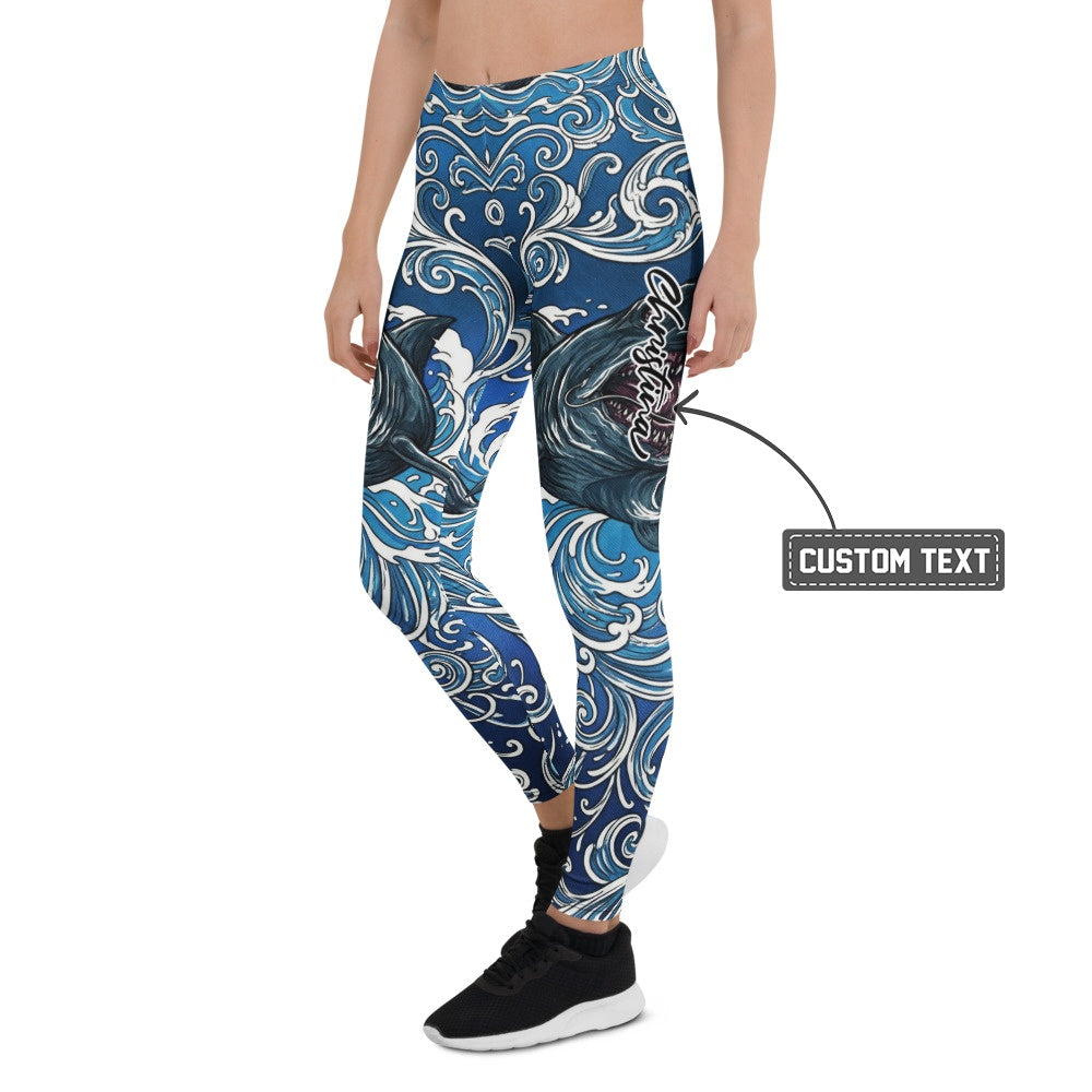 Personalisierte Sportleggings Damen Hai Motiv Blau Weiß Wellen Fitness Yoga Leggings Z903 - XL