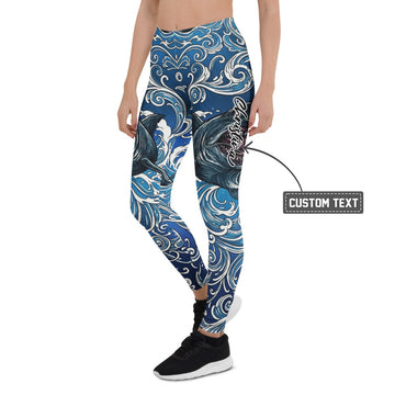 Personalisierte Sportleggings Damen Hai Motiv Blau Weiß Wellen Fitness Yoga Leggings Z903 - XL