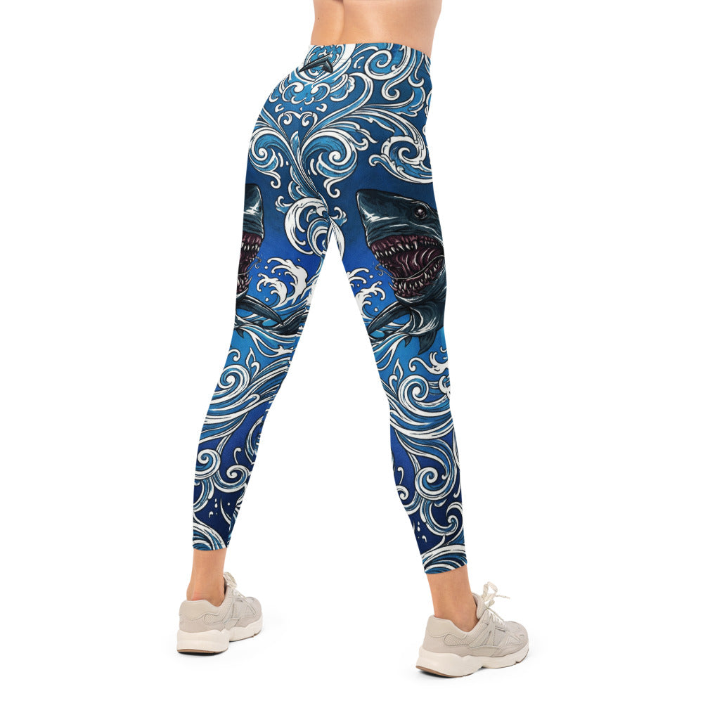 Personalisierte Sportleggings Damen Hai Motiv Blau Weiß Wellen Fitness Yoga Leggings Z903