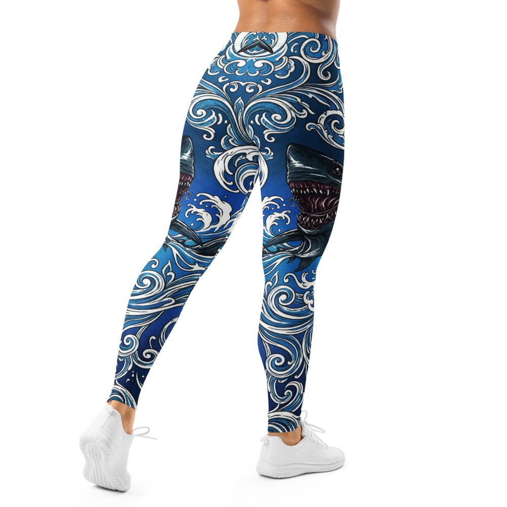 Personalisierte Sportleggings Damen Hai Motiv Blau Weiß Wellen Fitness Yoga Leggings Z903