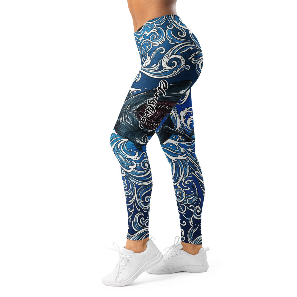 Personalisierte Sportleggings Damen Hai Motiv Blau Weiß Wellen Fitness Yoga Leggings Z903