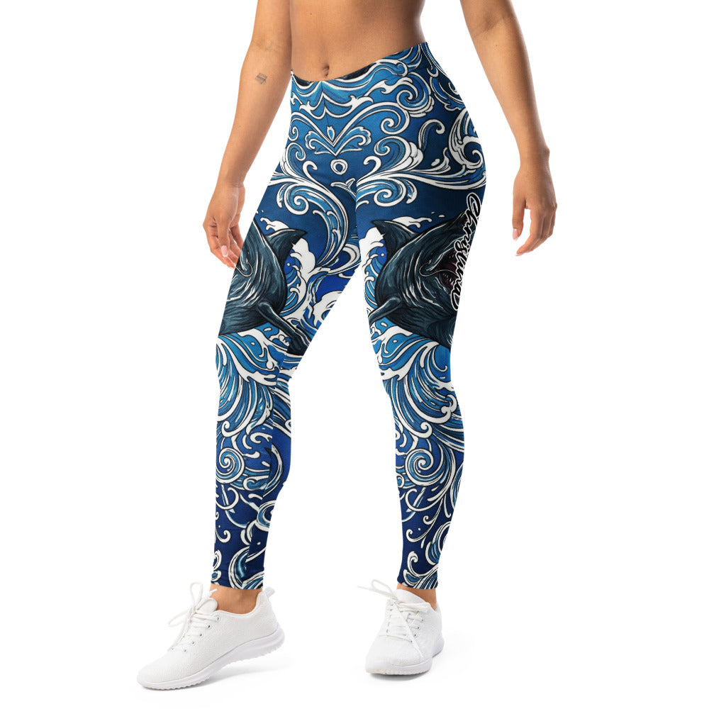 Personalisierte Sportleggings Damen Hai Motiv Blau Weiß Wellen Fitness Yoga Leggings Z903