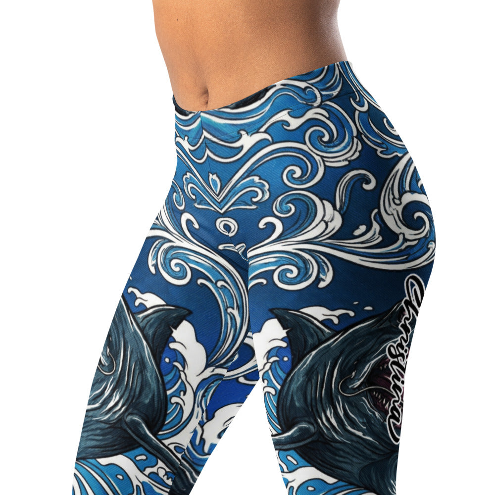 Personalisierte Sportleggings Damen Hai Motiv Blau Weiß Wellen Fitness Yoga Leggings Z903