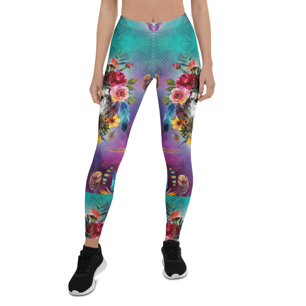 Personalisierte Damen Sportleggings Bunt Wolf Design Blumen Federn Türkis Lila Fitness Yoga Leggings S205