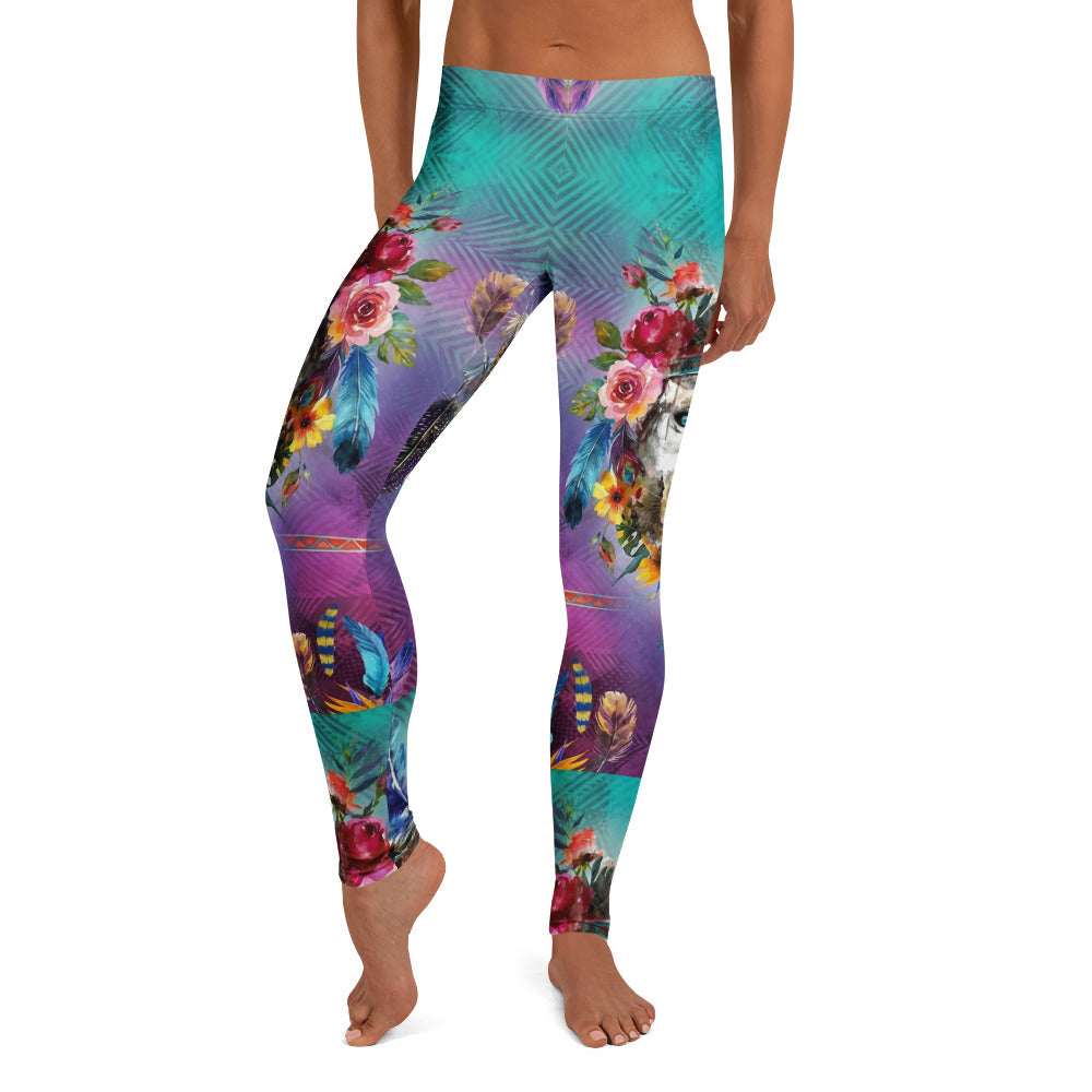 Personalisierte Damen Sportleggings Bunt Wolf Design Blumen Federn Türkis Lila Fitness Yoga Leggings S205