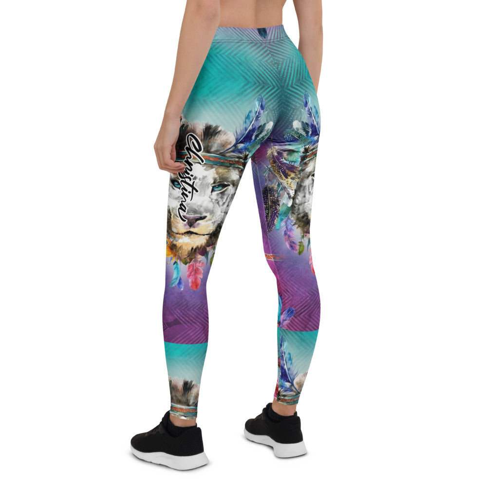 Personalisierte Damen Sportleggings Bunt Wolf Design Blumen Federn Türkis Lila Fitness Yoga Leggings S205