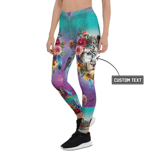 Personalisierte Damen Sportleggings Bunt Wolf Design Blumen Federn Türkis Lila Fitness Yoga Leggings S205 - XL
