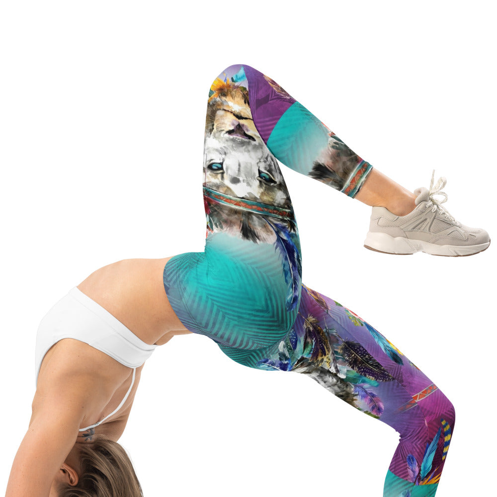 Personalisierte Damen Sportleggings Bunt Wolf Design Blumen Federn Türkis Lila Fitness Yoga Leggings S205