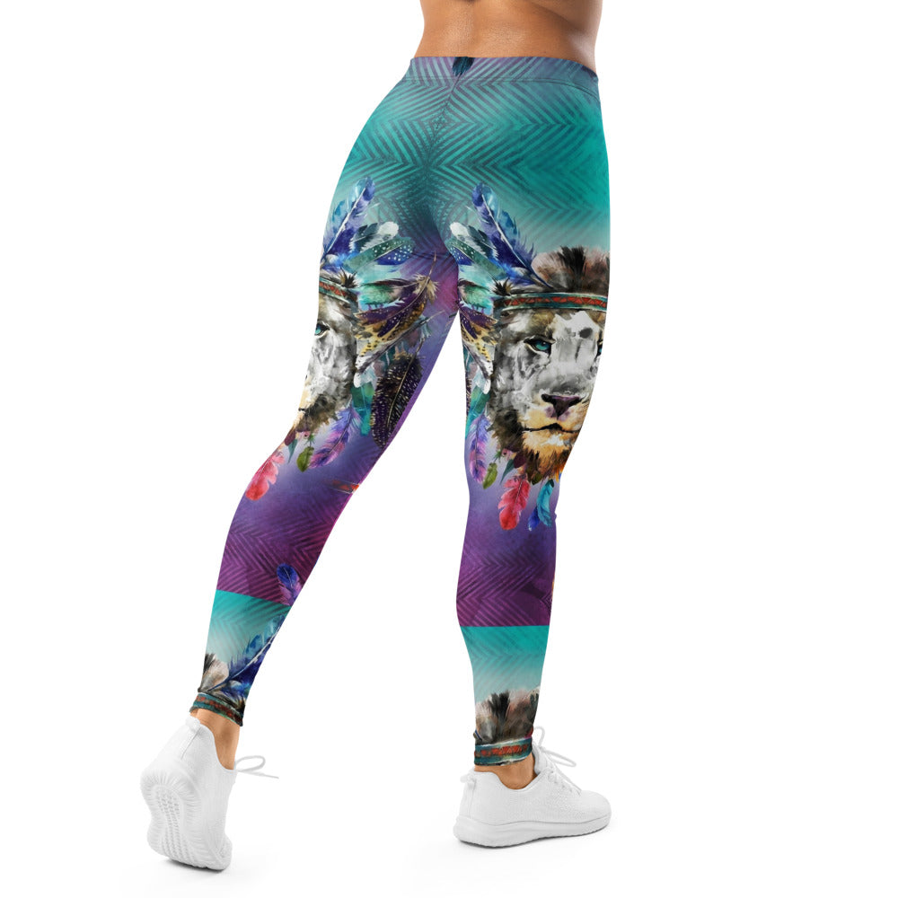 Personalisierte Damen Sportleggings Bunt Wolf Design Blumen Federn Türkis Lila Fitness Yoga Leggings S205