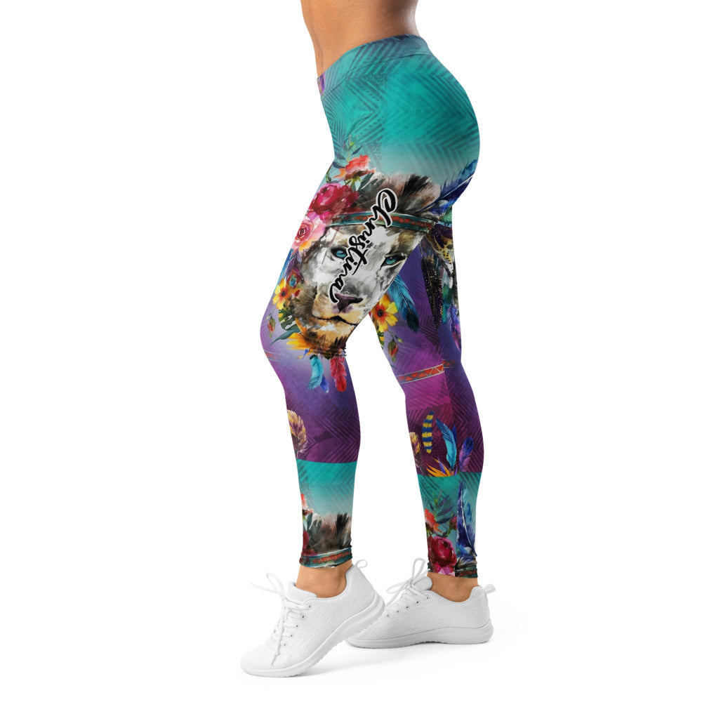 Personalisierte Damen Sportleggings Bunt Wolf Design Blumen Federn Türkis Lila Fitness Yoga Leggings S205
