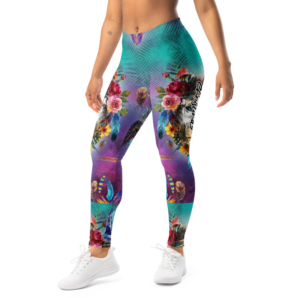 Personalisierte Damen Sportleggings Bunt Wolf Design Blumen Federn Türkis Lila Fitness Yoga Leggings S205