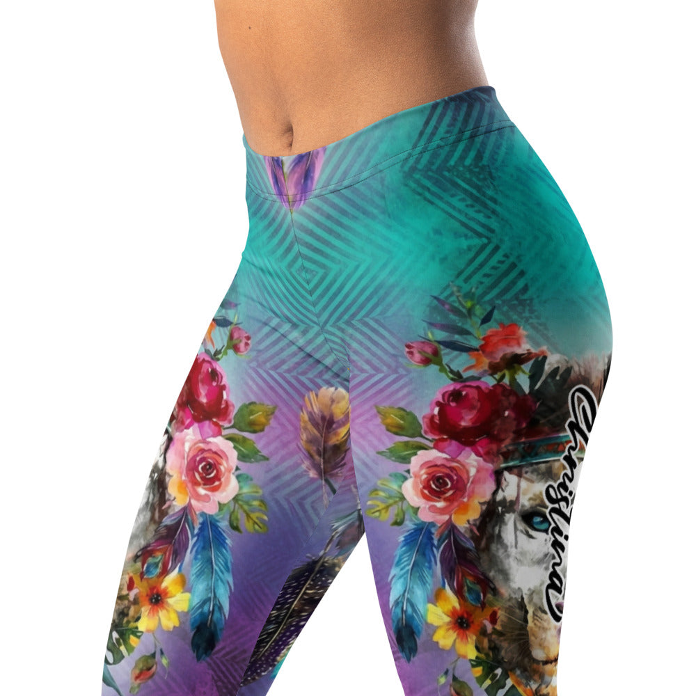 Personalisierte Damen Sportleggings Bunt Wolf Design Blumen Federn Türkis Lila Fitness Yoga Leggings S205