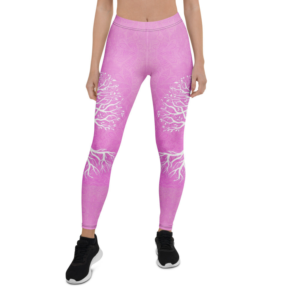 Personalisierte Damen Sportleggings Lebensbaum Design Rosa Weiß Mandala Yoga Fitness Leggings Q491
