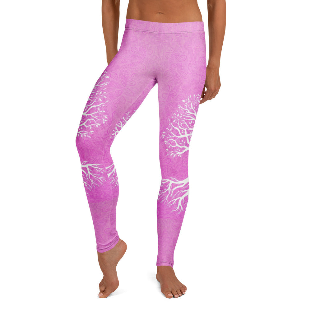 Personalisierte Damen Sportleggings Lebensbaum Design Rosa Weiß Mandala Yoga Fitness Leggings Q491