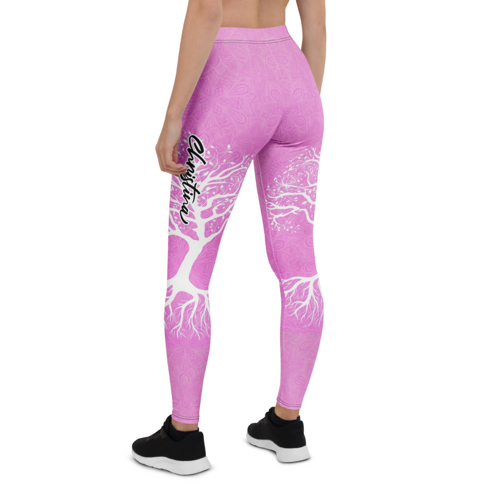 Personalisierte Damen Sportleggings Lebensbaum Design Rosa Weiß Mandala Yoga Fitness Leggings Q491
