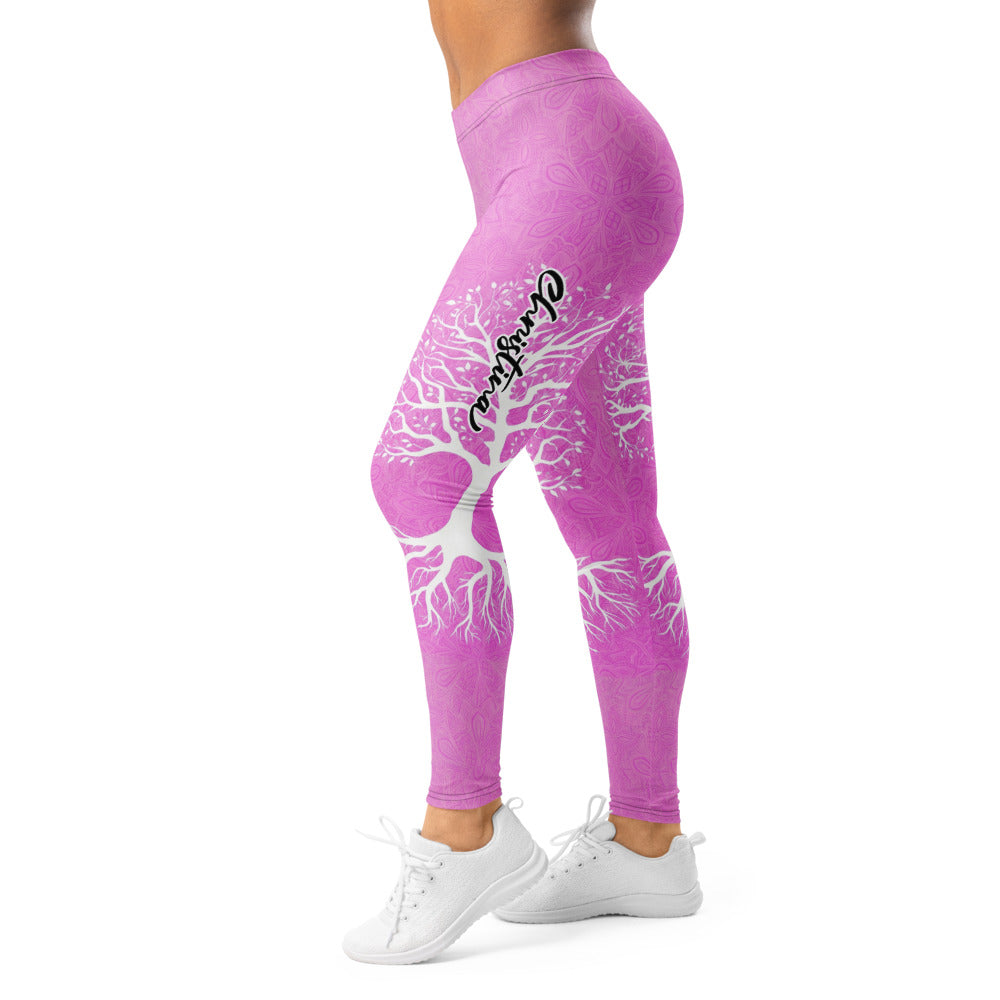 Personalisierte Damen Sportleggings Lebensbaum Design Rosa Weiß Mandala Yoga Fitness Leggings Q491