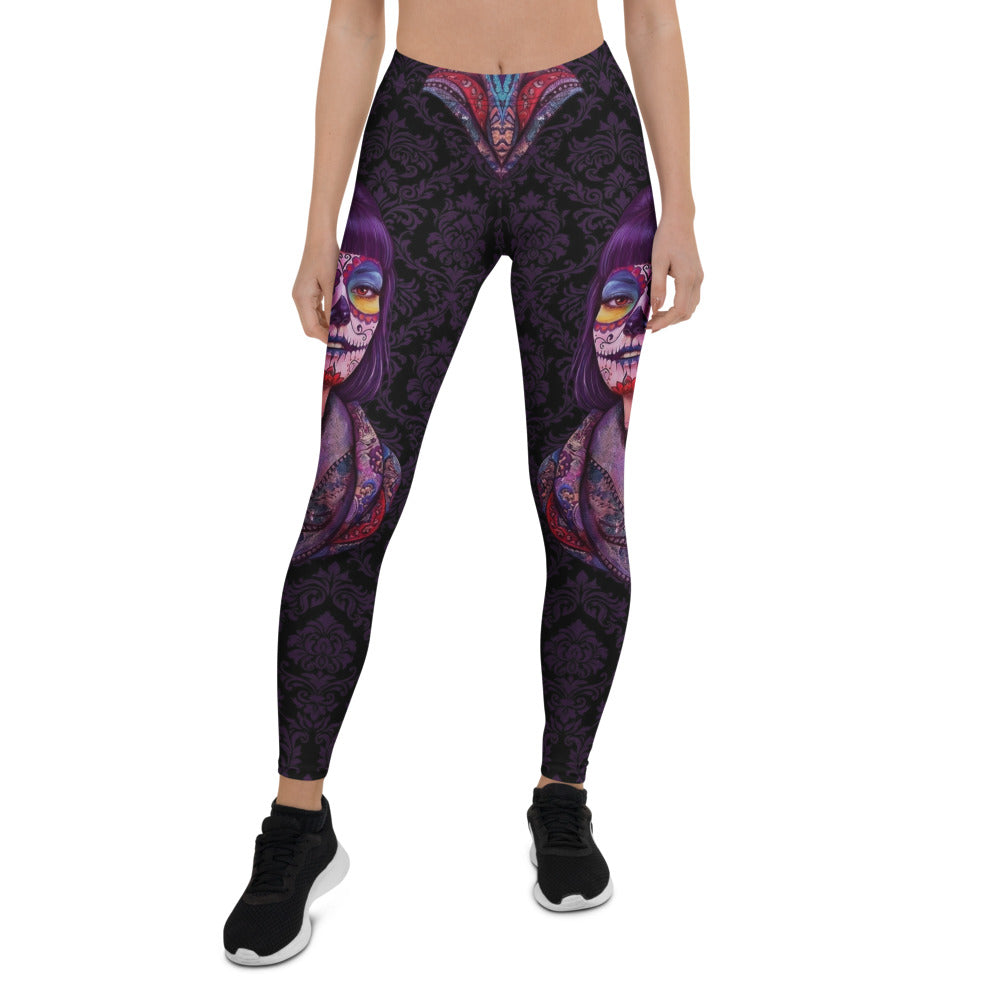 Personalisierte Damen Sportleggings La Catrina Design Lila Schwarz Totenkopf Ornament Fitness Leggings F164