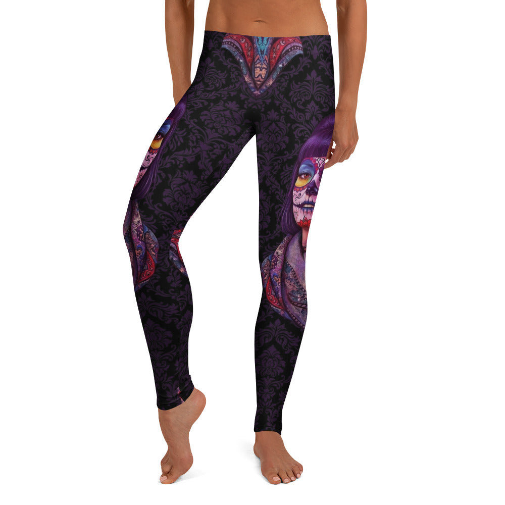 Personalisierte Damen Sportleggings La Catrina Design Lila Schwarz Totenkopf Ornament Fitness Leggings F164
