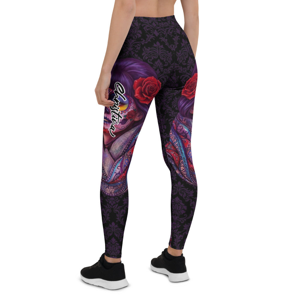 Personalisierte Damen Sportleggings La Catrina Design Lila Schwarz Totenkopf Ornament Fitness Leggings F164