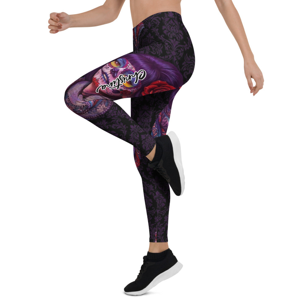 Personalisierte Damen Sportleggings La Catrina Design Lila Schwarz Totenkopf Ornament Fitness Leggings F164