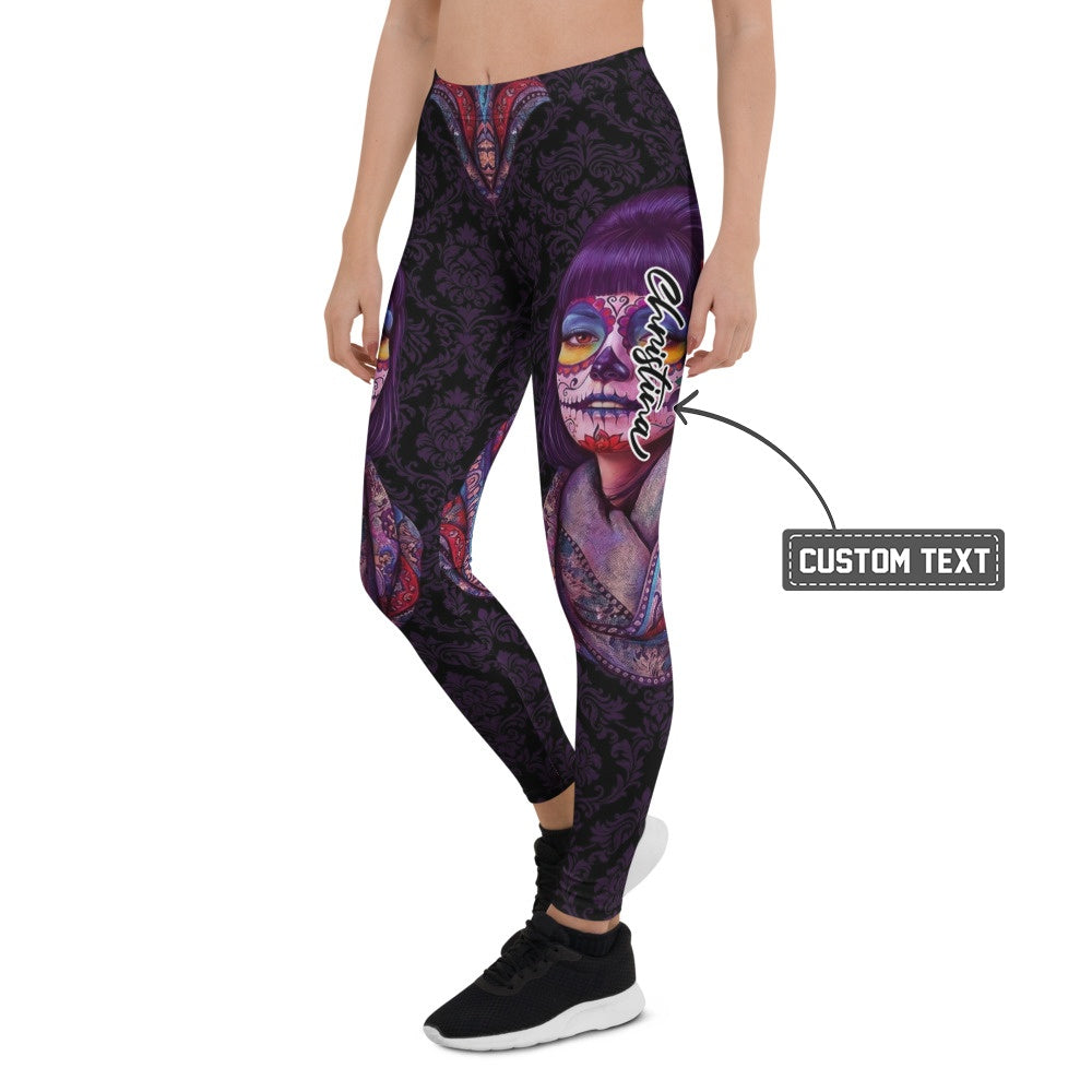 Personalisierte Damen Sportleggings La Catrina Design Lila Schwarz Totenkopf Ornament Fitness Leggings F164 - XL