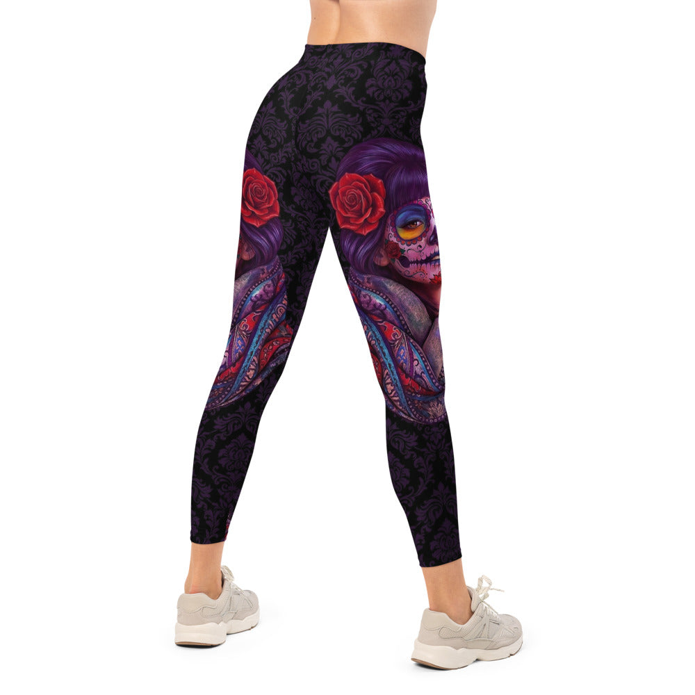 Personalisierte Damen Sportleggings La Catrina Design Lila Schwarz Totenkopf Ornament Fitness Leggings F164