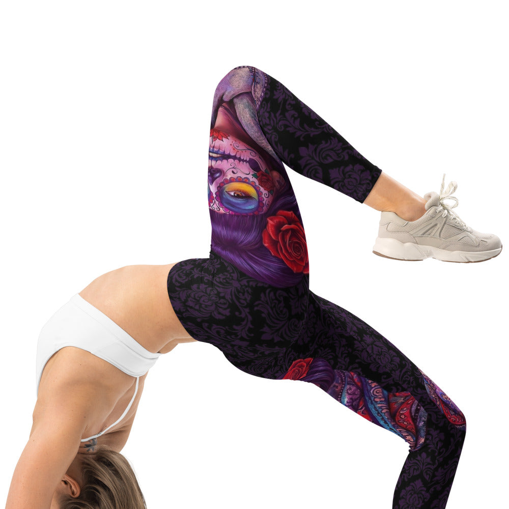 Personalisierte Damen Sportleggings La Catrina Design Lila Schwarz Totenkopf Ornament Fitness Leggings F164