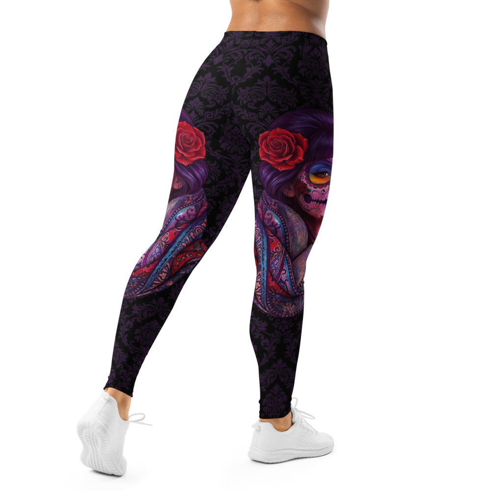 Personalisierte Damen Sportleggings La Catrina Design Lila Schwarz Totenkopf Ornament Fitness Leggings F164