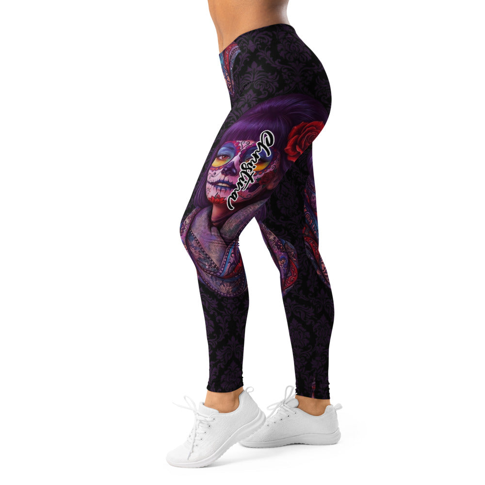 Personalisierte Damen Sportleggings La Catrina Design Lila Schwarz Totenkopf Ornament Fitness Leggings F164