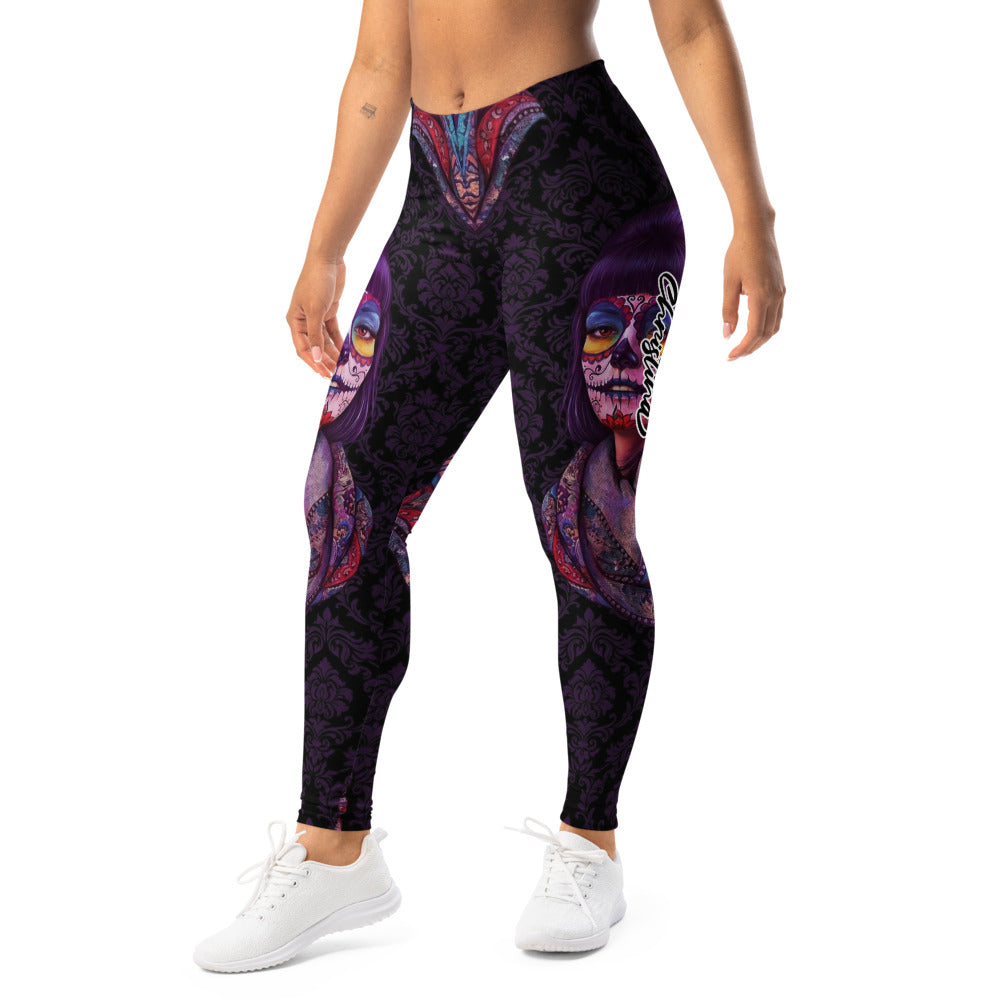Personalisierte Damen Sportleggings La Catrina Design Lila Schwarz Totenkopf Ornament Fitness Leggings F164