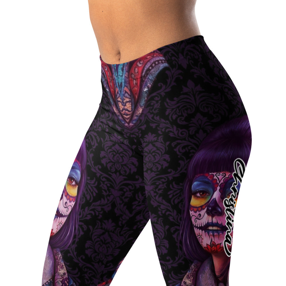Personalisierte Damen Sportleggings La Catrina Design Lila Schwarz Totenkopf Ornament Fitness Leggings F164