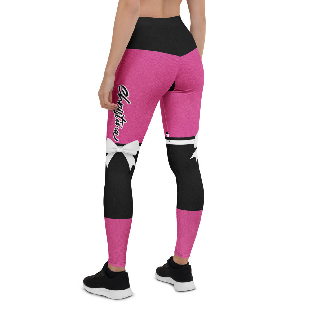 Personalisierte Damen Sportleggings Pink Schwarz Schleifen-Design Fitness Leggings P994