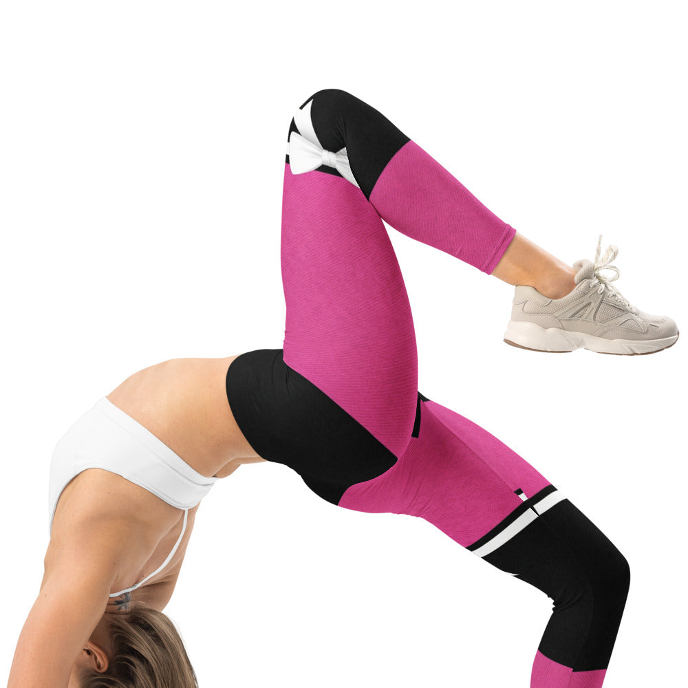 Personalisierte Damen Sportleggings Pink Schwarz Schleifen-Design Fitness Leggings P994