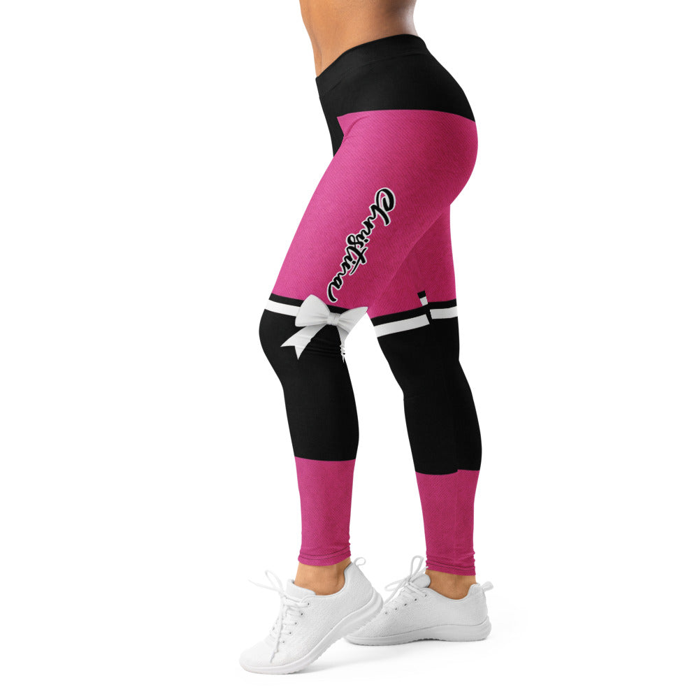 Personalisierte Damen Sportleggings Pink Schwarz Schleifen-Design Fitness Leggings P994