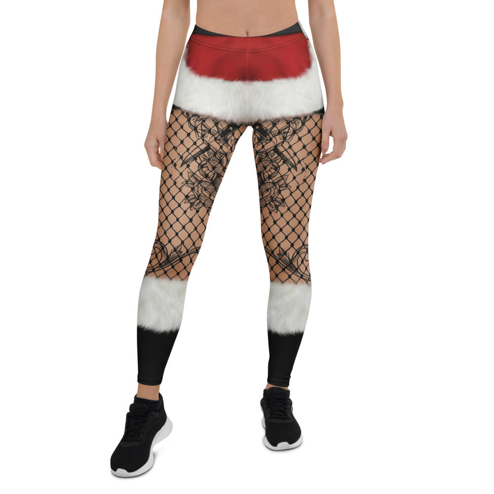 Personalisierte Damen Sportleggings Weihnachten Tattoo Design Netzoptik Rosen Fitness Yoga Hose Rot Schwarz L541