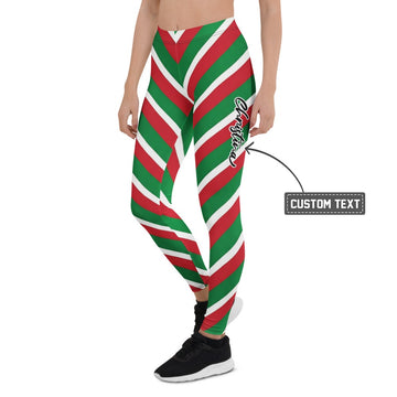 Personalisierte Damen Sportleggings Weihnachten Gestreift Rot Grün Weiß Fitness Leggings Zuckerstangen-Design Q114 - XL