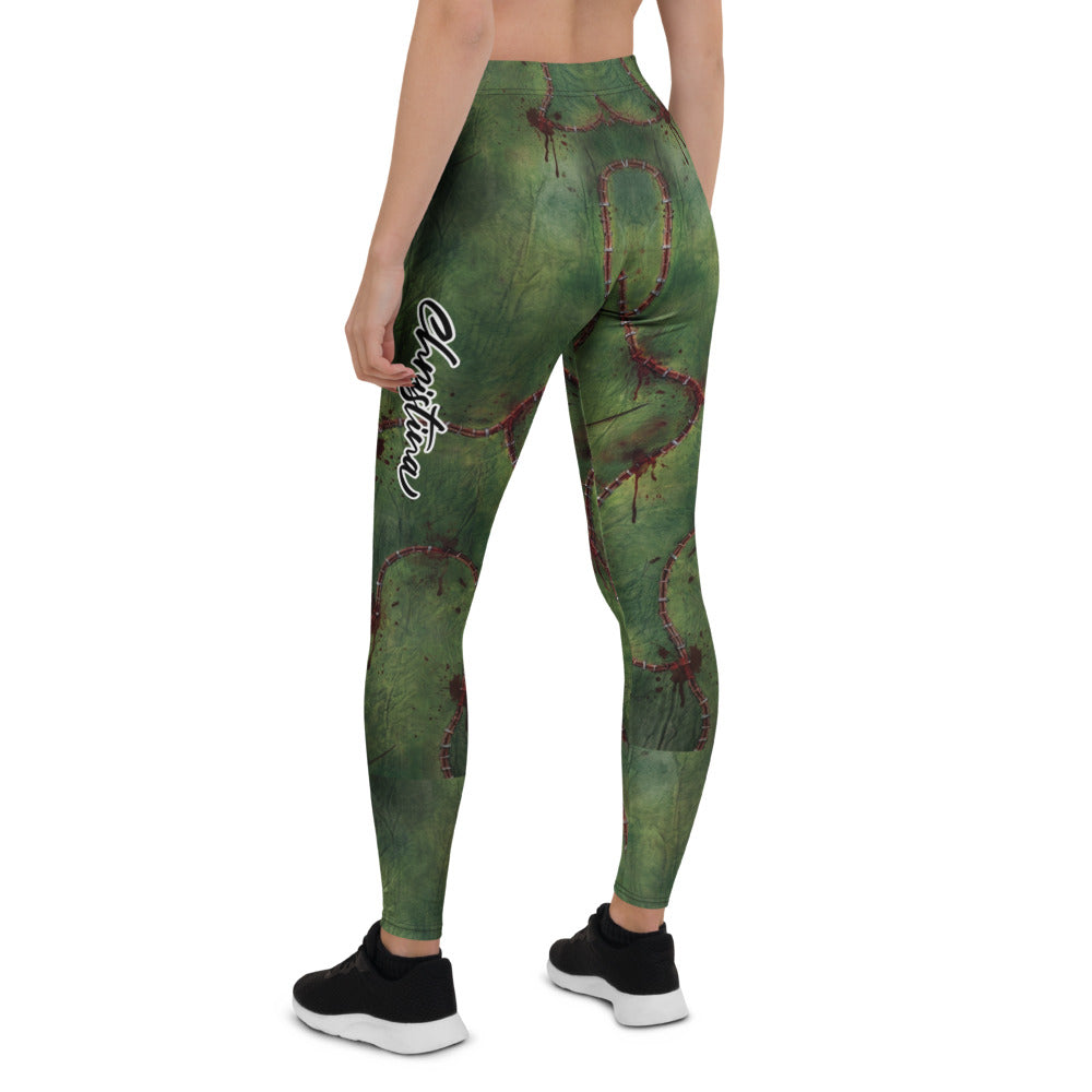 Personalisierte Damen Sportleggings Zombie Design Grün Narben Horror Fitness Leggings Halloween Y046