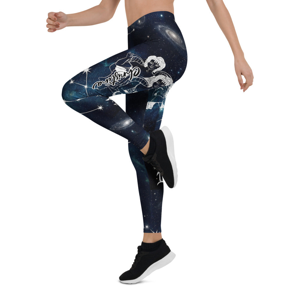 Personalisierte Sportleggings Damen Galaxy Weltraum Design Blau Schwarz Fitnesshose Sternbild Muster Z078