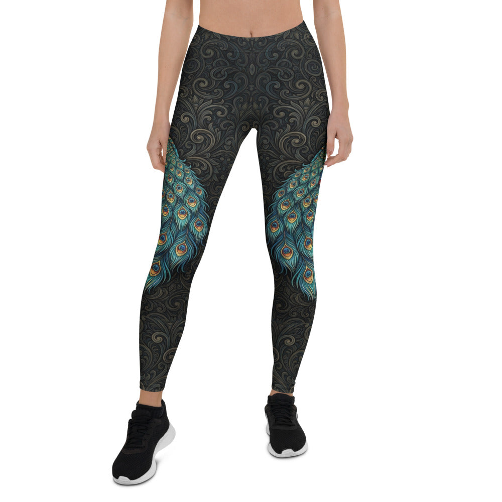 Personalisierte Damen Sportleggings Pfauenfeder Design Schwarz Blau Grün Fitness Yoga Leggings Ornament Muster C241