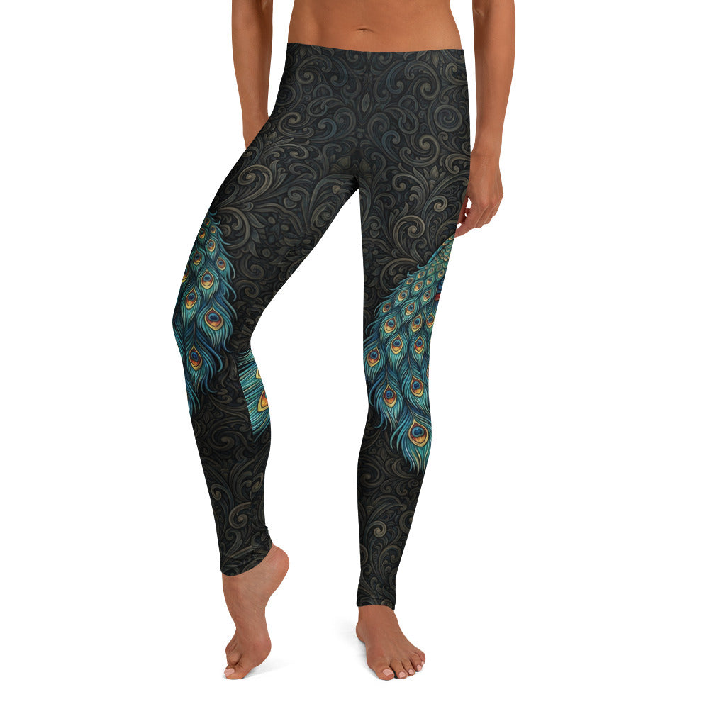 Personalisierte Damen Sportleggings Pfauenfeder Design Schwarz Blau Grün Fitness Yoga Leggings Ornament Muster C241