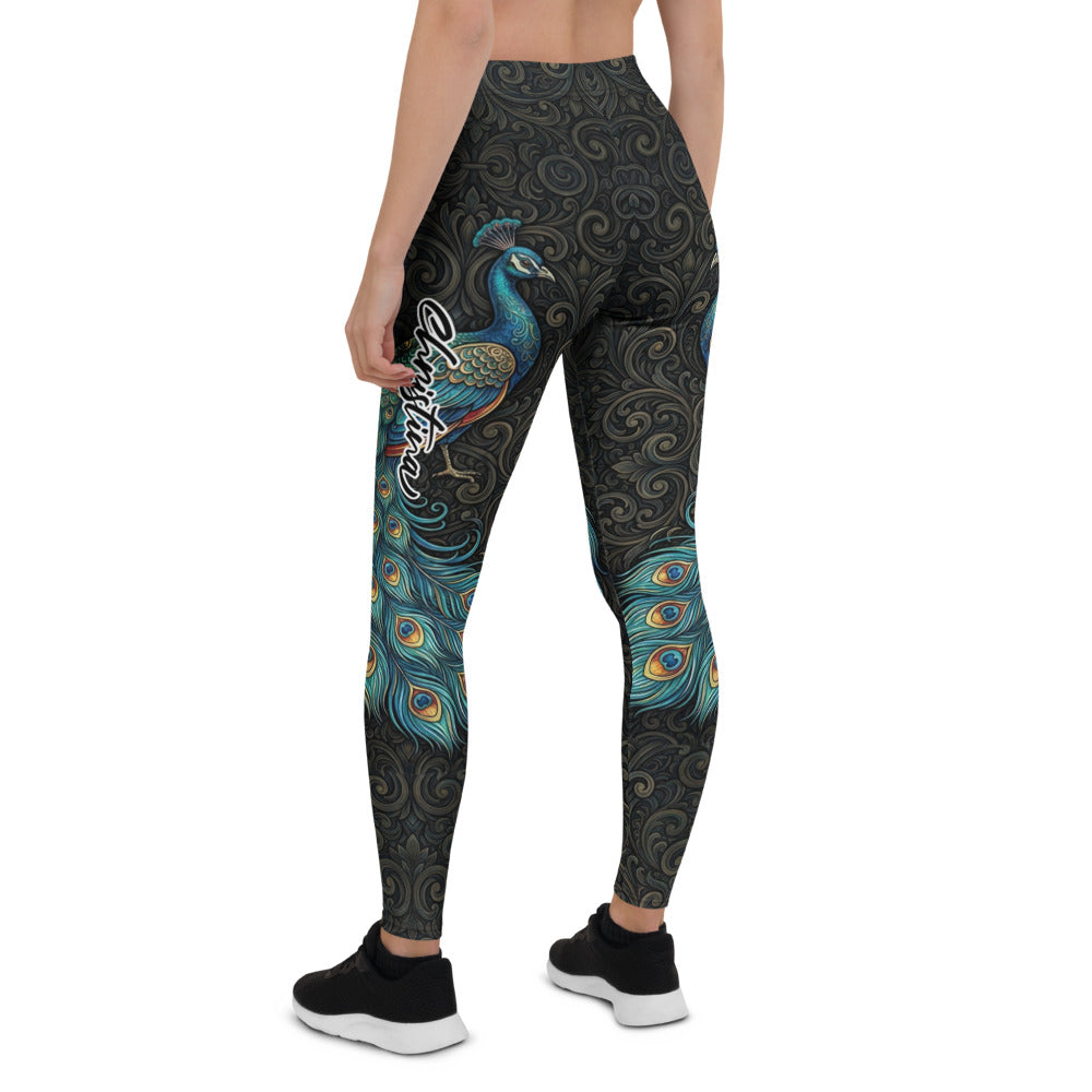 Personalisierte Damen Sportleggings Pfauenfeder Design Schwarz Blau Grün Fitness Yoga Leggings Ornament Muster C241